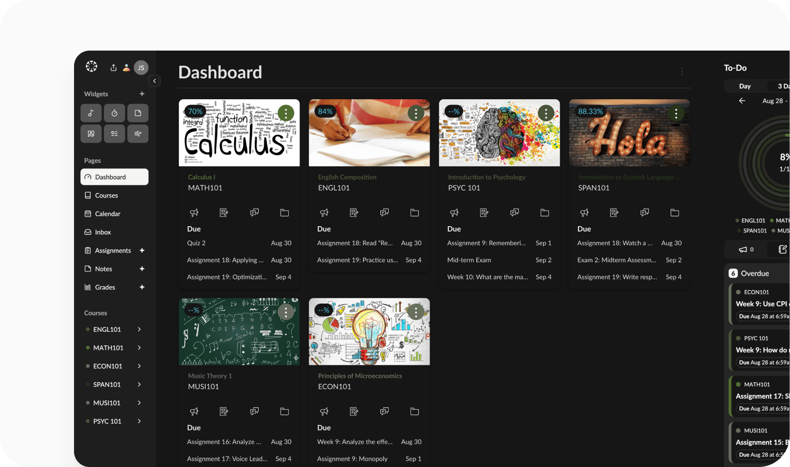 BetterCanvas dark mode dashboard showing courses, assignments, and to-do list