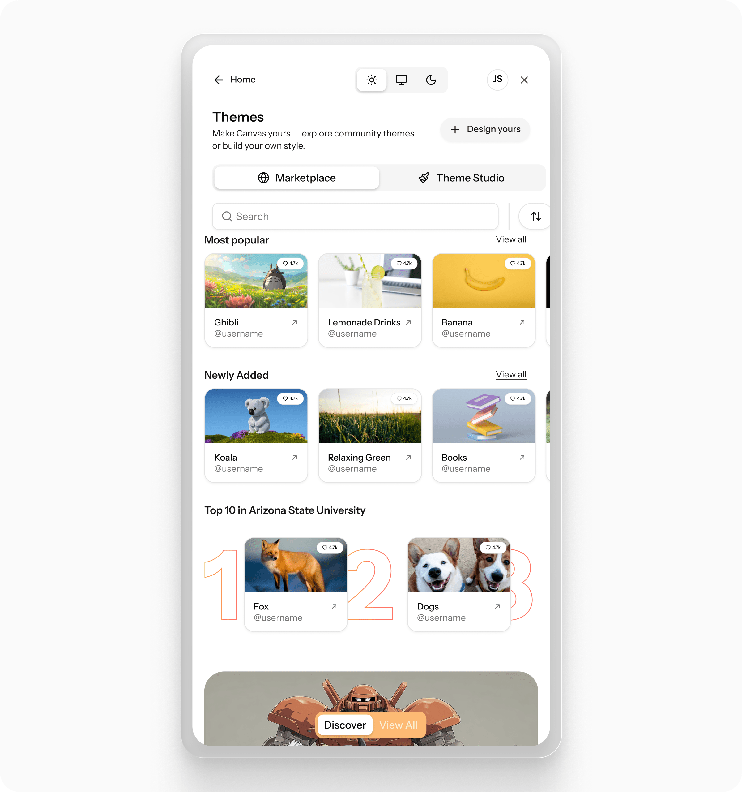 BetterCanvas themes browser showing various Canvas themes including Ghibli, Lemonade Drinks, Banana, Koala, Relaxing Green, Books, Fox, and Dogs