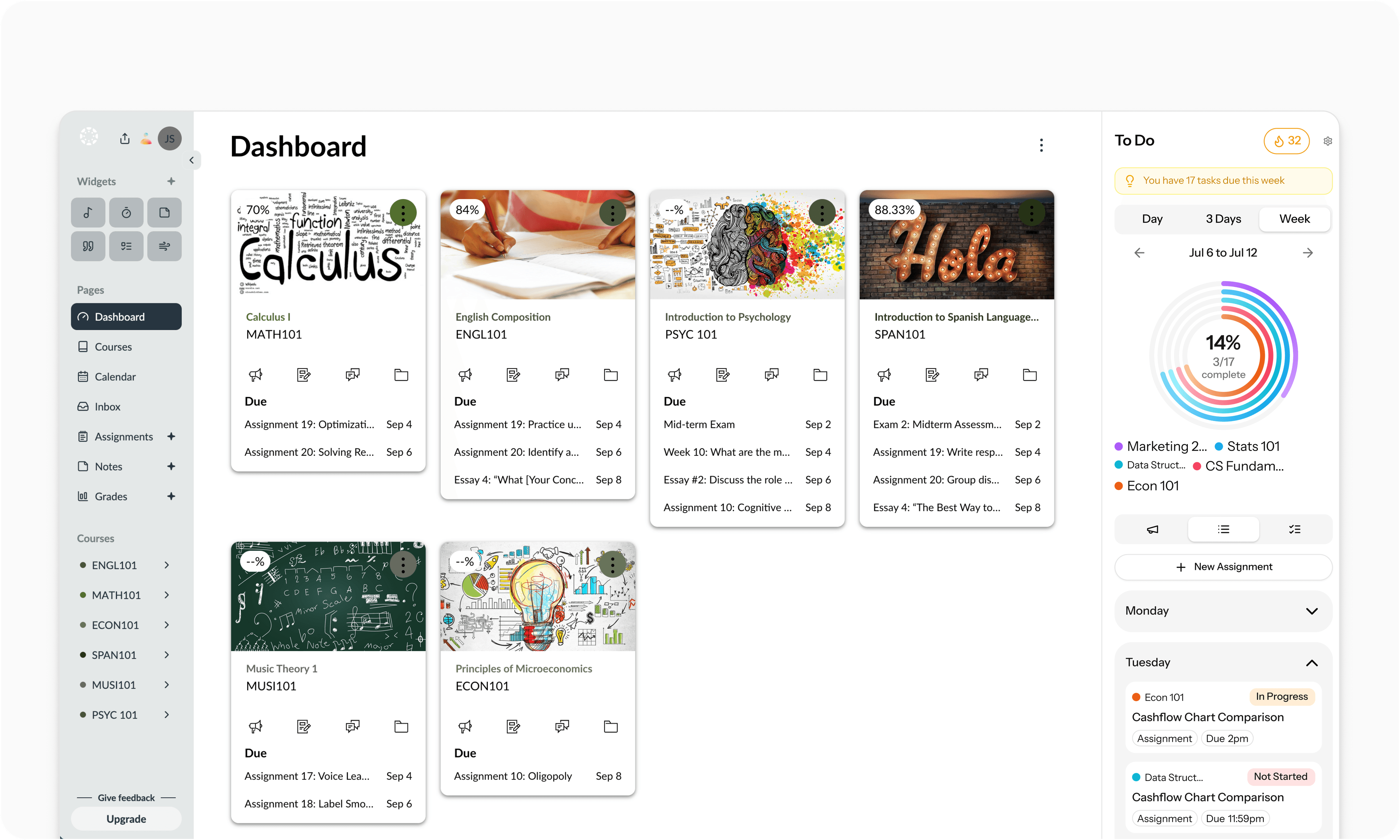 Clean visual cards with due dates on assignments